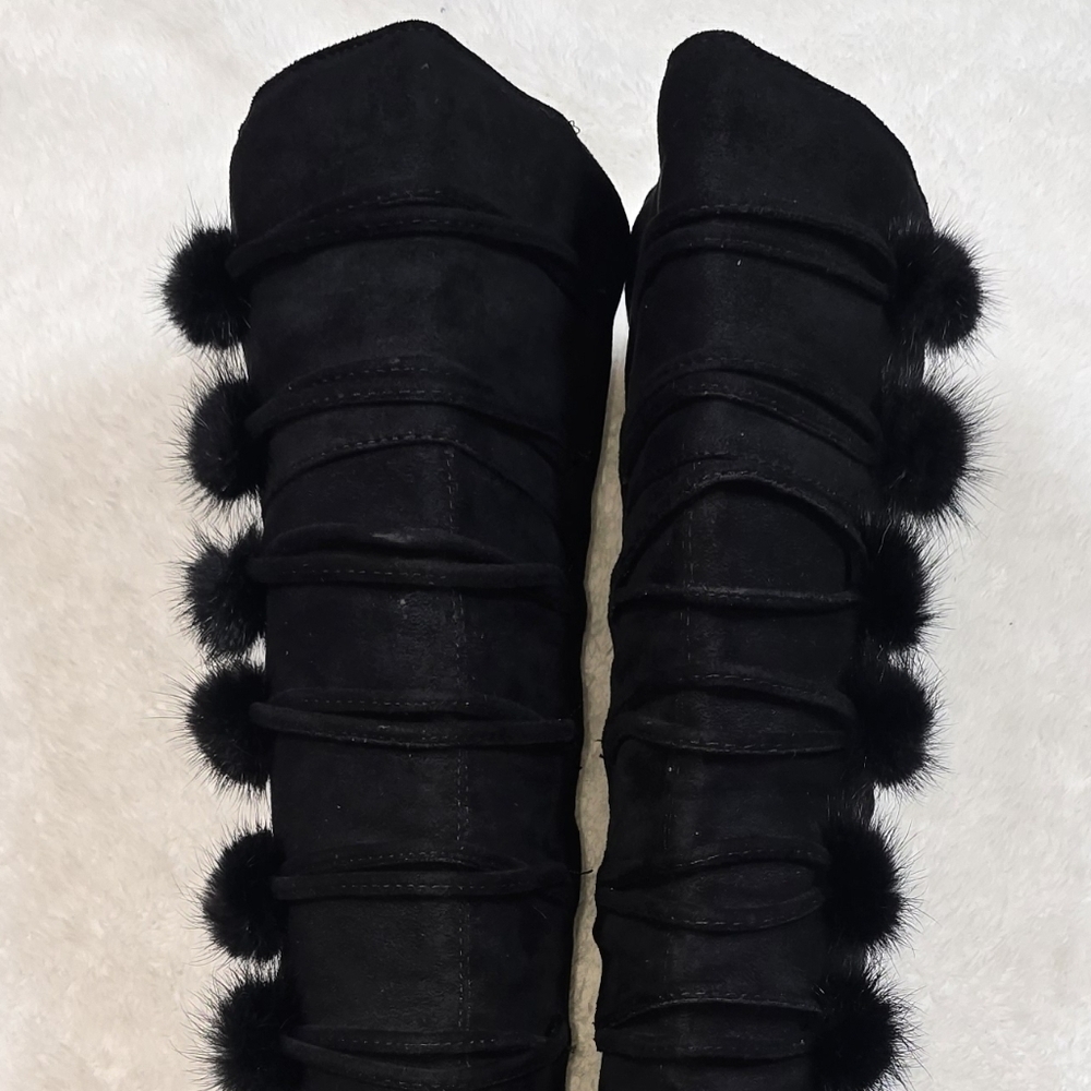 Italina Black Plush Suede Pom-Pom Over-Knee Boots Coquette Whimsigoth Sz.8 - Picture 10 of 16